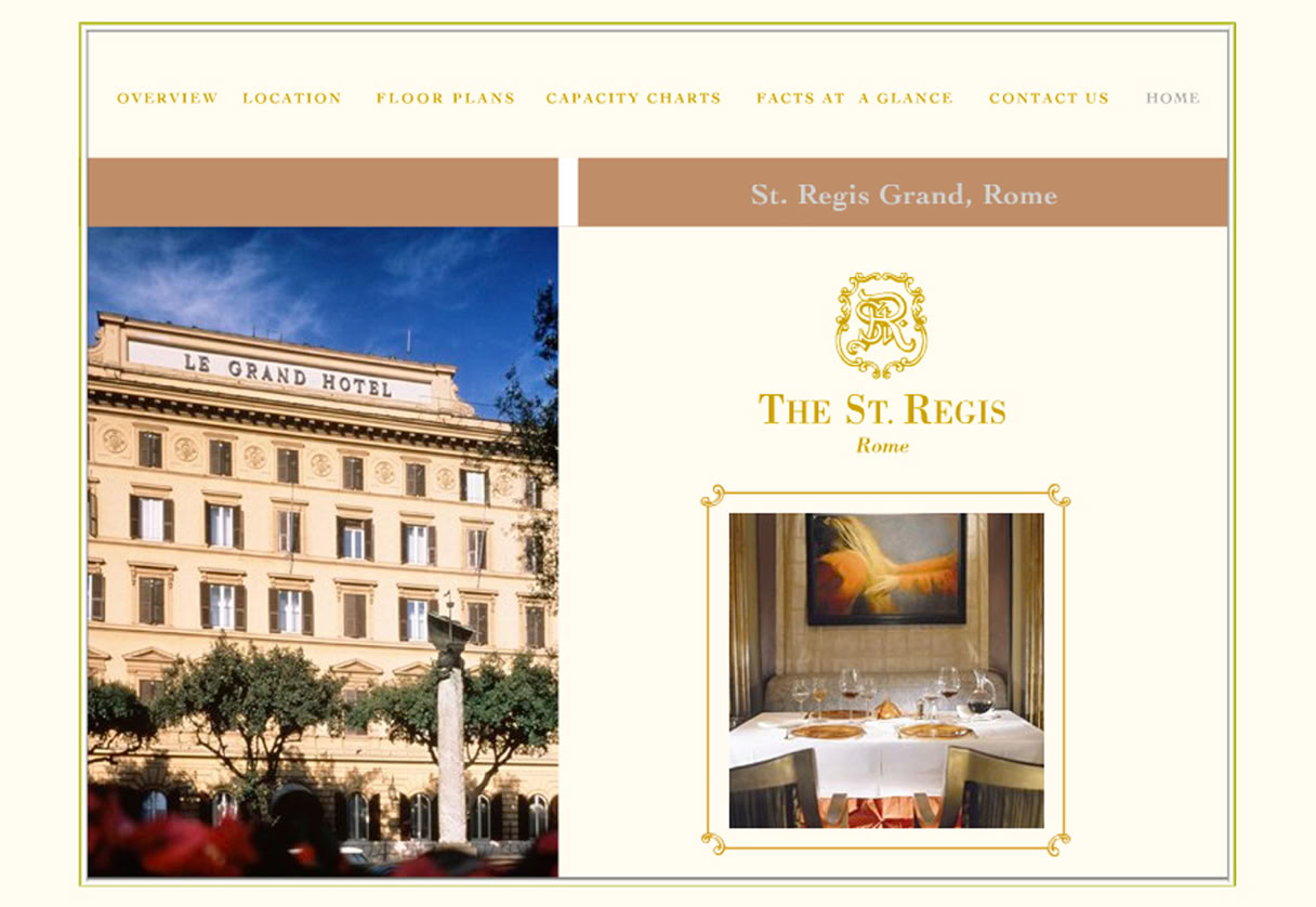 Interactive Meeting Planner eBrochure interface designed for St. Regis Rome, Italy, featuring interactive floor plans with capacity details, branded hotel photography, and structured meeting space presentation.