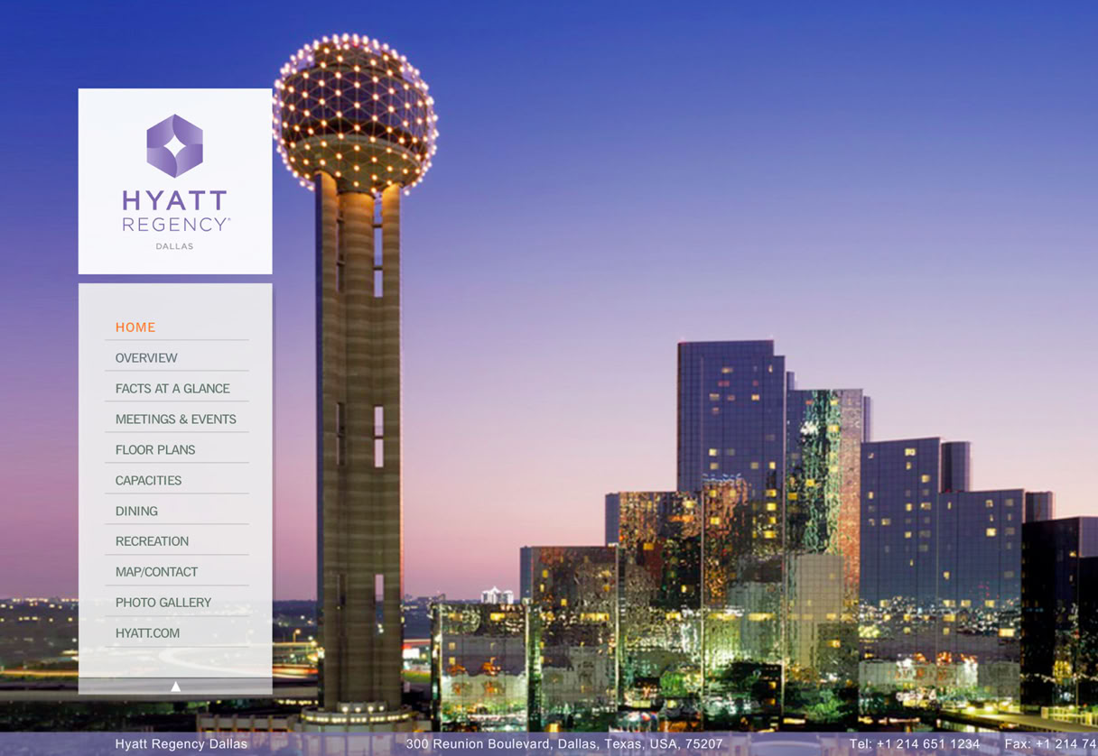 Interactive Meeting Planner eBrochure interface designed for Hyatt Regency Dallas, Texas featuring interactive floor plans with capacity details, branded hotel photography, and structured meeting space presentation.