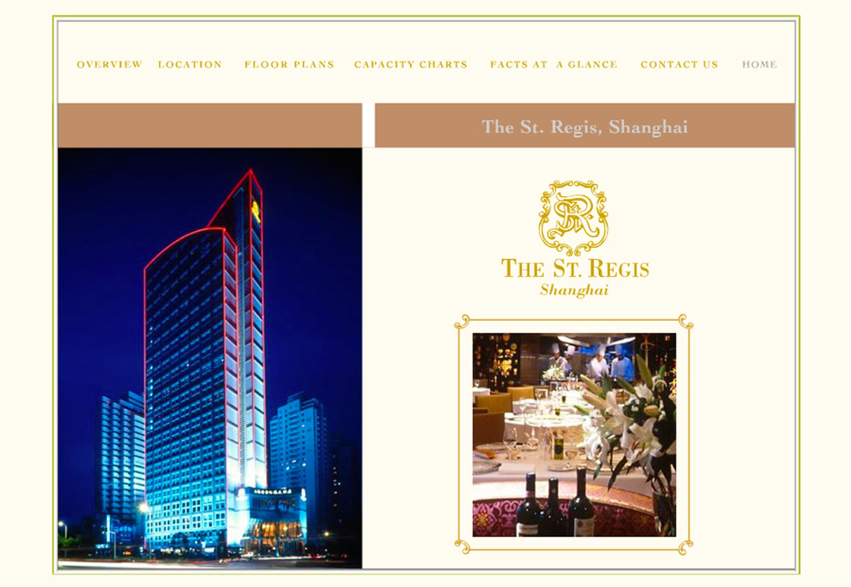 Interactive Meeting Planner eBrochure interface designed for The St. Regis Shanghai, China - featuring interactive floor plans with capacity details, branded hotel photography, and structured meeting space presentation.