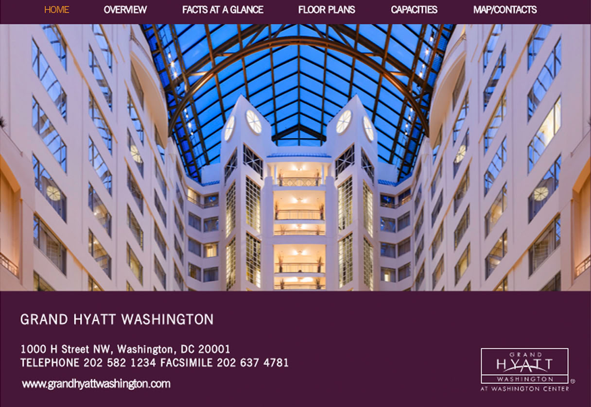 Interactive Meeting Planner eBrochure interface desig The Grand Hyatt Washington, featuring interactive floor plans with capacity details, branded hotel photography, and structured meeting space presentation.