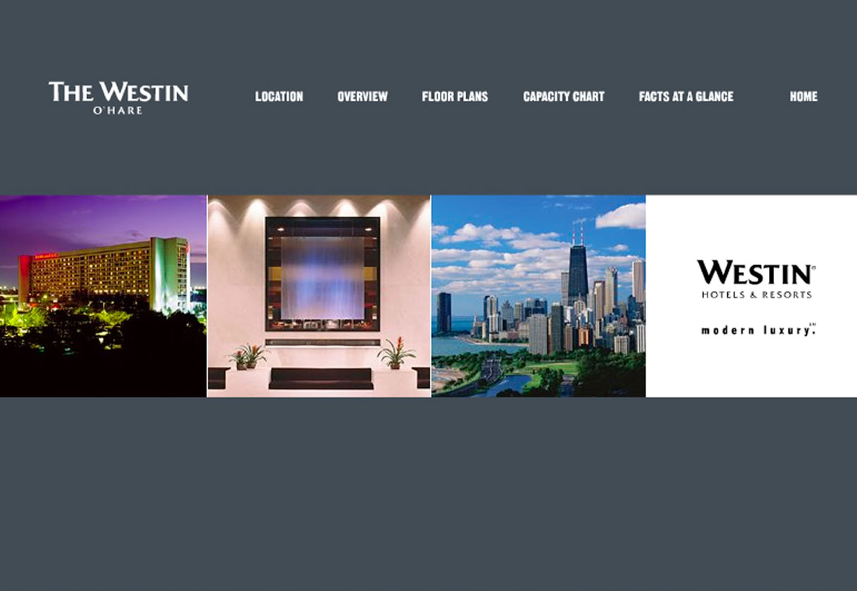Interactive Meeting Planner eBrochure interface designed for The Westin O’Hare in Rosemont, Illinois, featuring interactive floor plans with capacity details, branded hotel photography, and structured meeting space presentation.